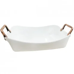 Fuente Rectangular Alta Blanca con Asas Doradas 39x25cm Contour Wolfen