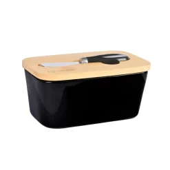 Mantequillero 600 ml Cerámica Negro con Tapa Bamboo + Cuchillo Simplit