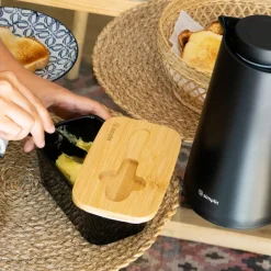 Mantequillero 600 ml Cerámica Negro con Tapa Bamboo + Cuchillo Simplit