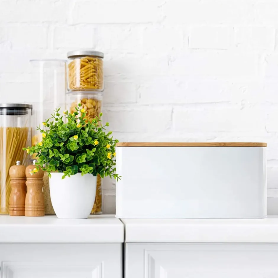 Panera Metalica con Tapa Bambu Blanca Simplit
