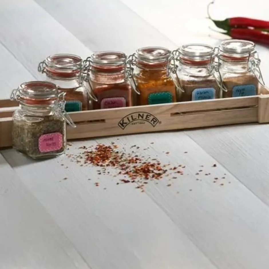 Set 6 Frascos Especias 70ml + Caja Madera Kilner