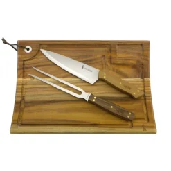 Set 3 piezas Tabla + Cuchillo + Tenedor Parrillero Kangkawe